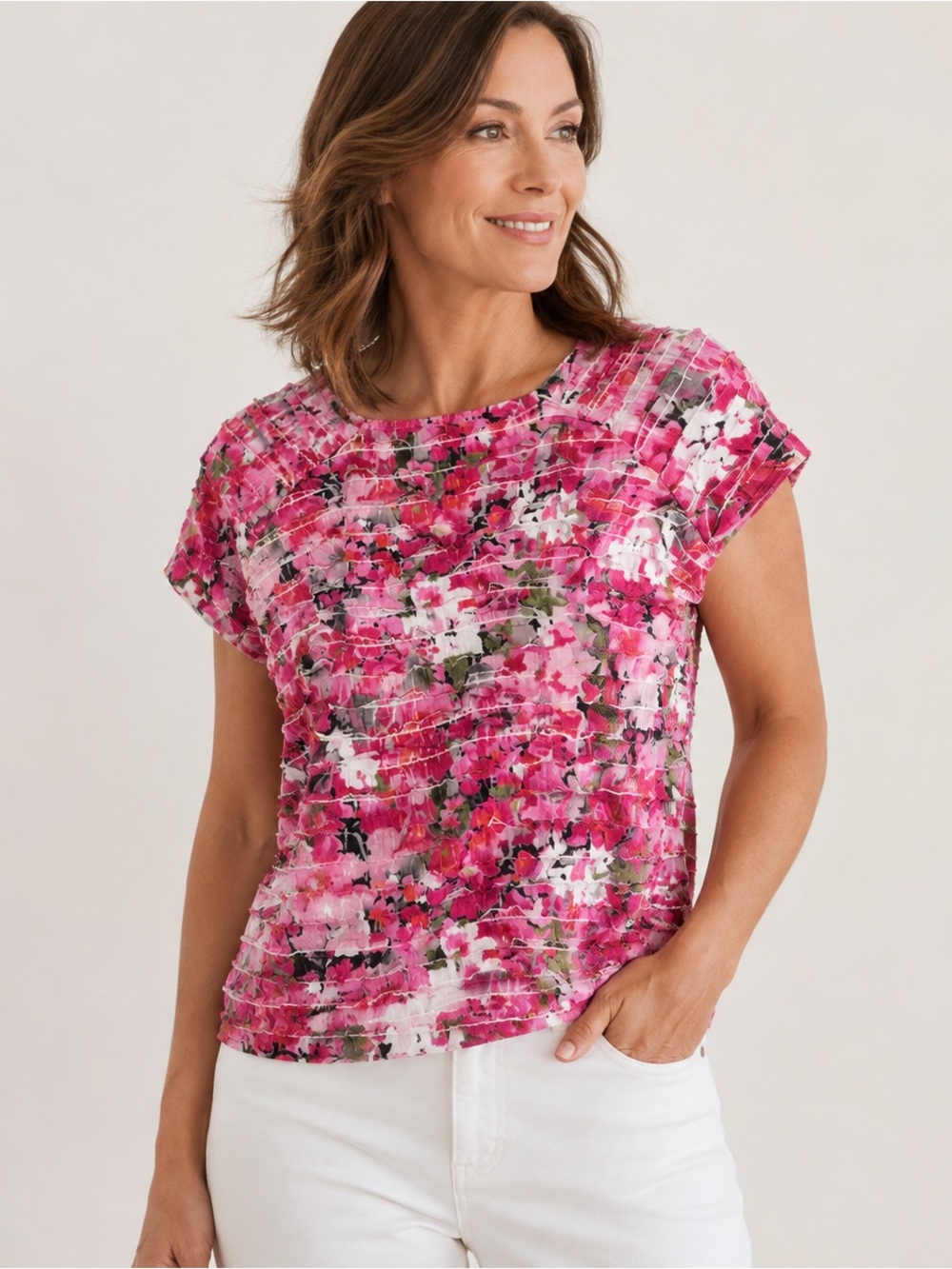TanJay Petites PL Pink Floral Tiered Ruffle Textured Blouse